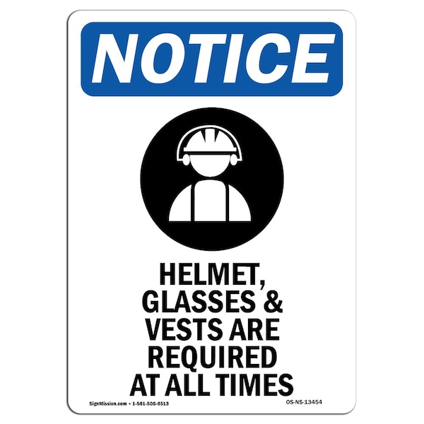 Signmission OSHA Notice Sign, Helmet Glasses & With Symbol, 5in X 3.5in Decal, 3.5" W, 5" H, Portrait OS-NS-D-35-V-13454 - main